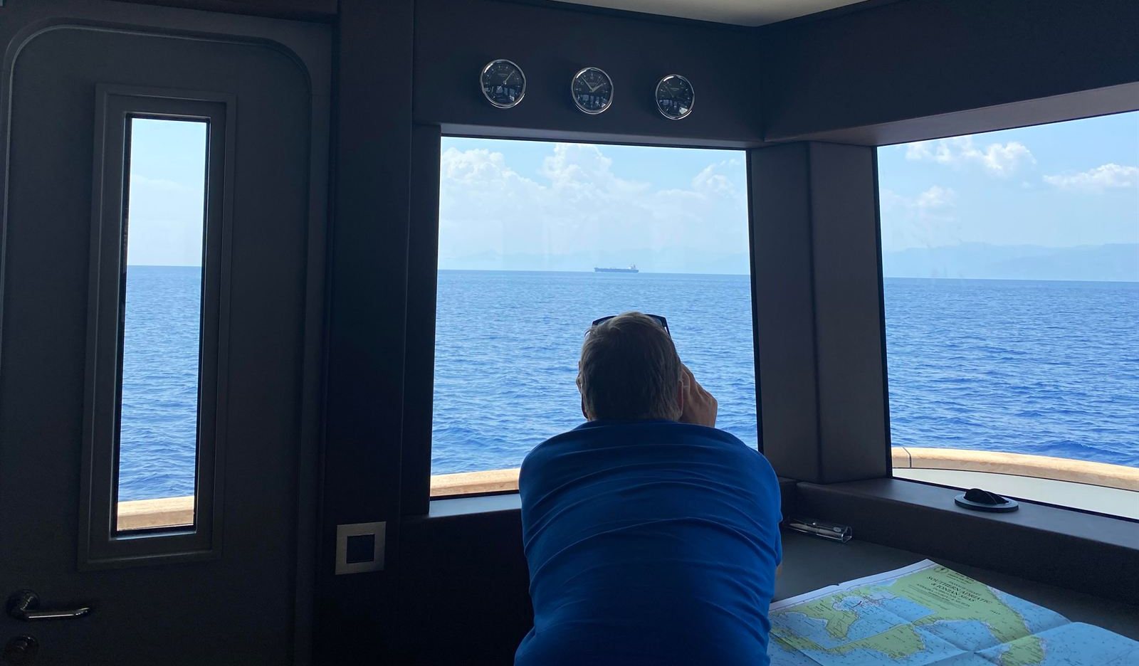 On the bridge during a delivery, looking out to sea over a chart of the southern Adriatic and Ionian Sea